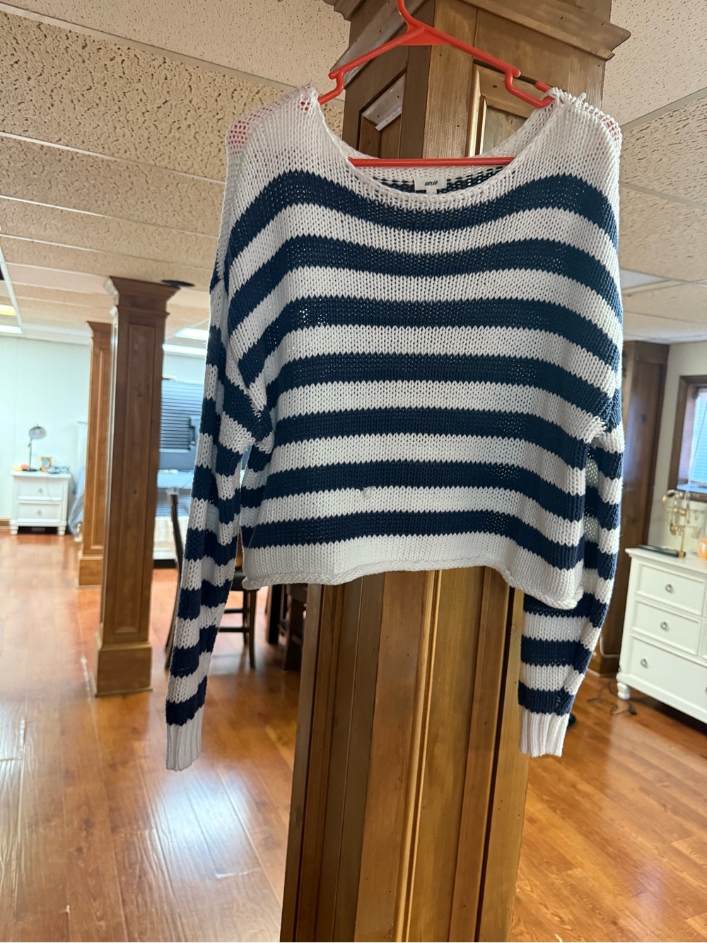 aerie Navy and White Striped Off-Shoulder Sweater